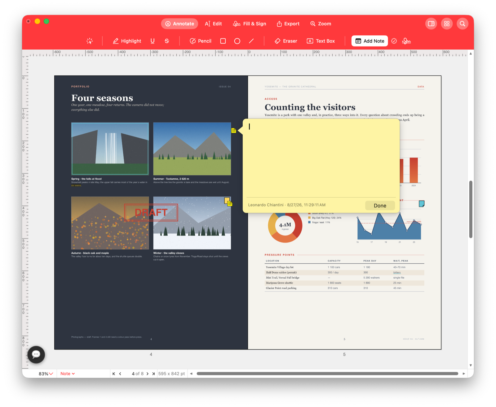 Sticky note editor open over a reviewed PDF spread.